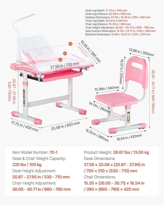 VEVOR Kids Study Desk and Chair Set, Learning Table and Chair for Kids with Table Lamp, Adjustable Height & 0-40° Tilted Desktop Toddler Desk and Chair, Table for Bedroom & Study Room, Pink