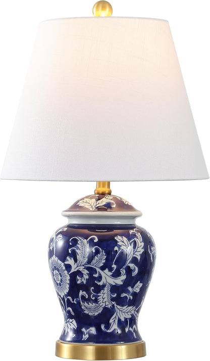 JONATHAN Y 22" Navy/White Ceramic Table Lamp, French Country Chinoiserie Ginger Jar LED Bedside Lamp for Living Room Bedroom, White Linen Shade (JYL3005D)
