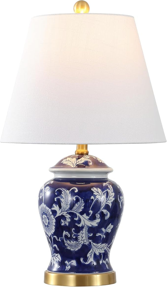 JONATHAN Y 22" Navy/White Ceramic Table Lamp, French Country Chinoiserie Ginger Jar LED Bedside Lamp for Living Room Bedroom, White Linen Shade (JYL3005D)