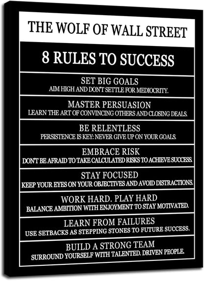 Motivational Wall Art The Wolf Of Wall Street 8 Rules To Success Printed Canvas Poster Inspirational Wall Decor for Office Hallway Gym Bedroom Living Room Framed Ready to Hang[18" W X 24" H]