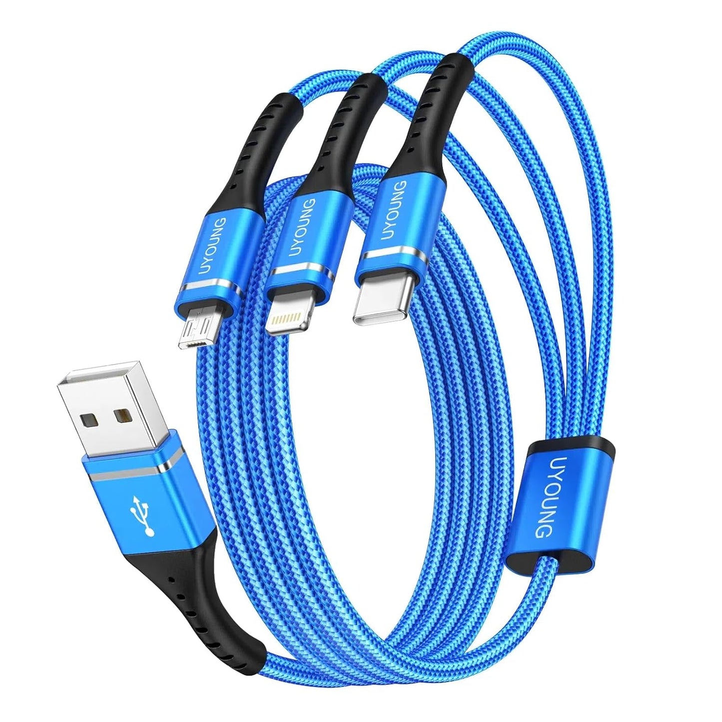 Multi Charging Cable 2Pack 4FT, 3 in 1 Charger Cable Braided Universal Phone Charging Cord with Lightning/Type C/Micro USB Ends, Multiple USB Cable for iPhone/Samsung/Google Cell Phones and More