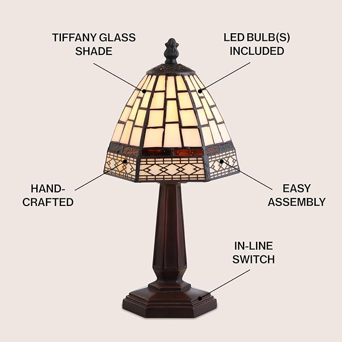 JONATHAN Y 12" Brown Tiffany-Style Table Lamp for Bedroom Nightstand Decor, Ivory Cream Stained Glass Shade, Small Vintage Handcrafted LED Traditional Bedside Lamp JYL8016A