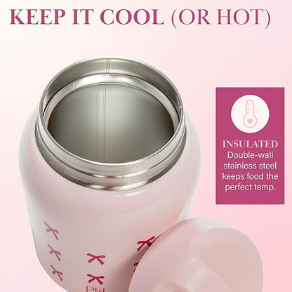 Paris Hilton Stainless Steel Food Jar, Double Wall Vacuum Sealed Insulated Food Storage Container with Carry Handle Lid, 24-Ounce, Pink with Bow Design