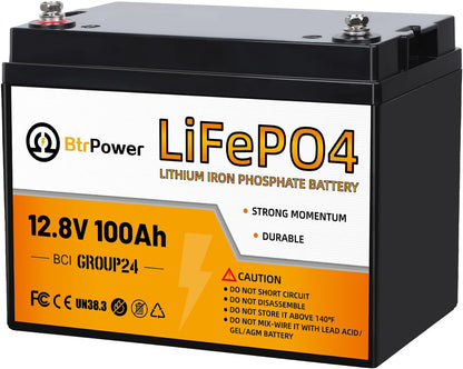 BtrPower 12V 100Ah Mini LiFePO4 Battery with Small Size and Light Weight, Built-in 100A BMS and Grade A Cells, Up to 15000 Cycles & 10-Year Lifespan for RV, Solar, Trolling Motor & Camping.
