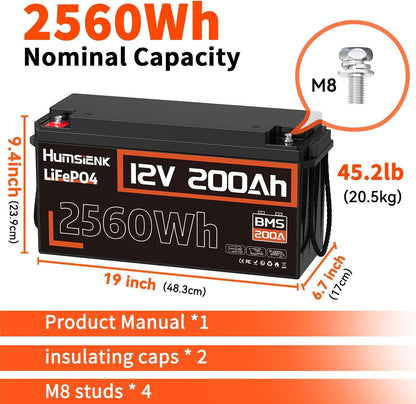 12V 200Ah LiFePO4 Battery, Built-in 200A BMS, Rechargeable 6000-20000 Deep Cycles & 10-Year Lifetime, 2560Wh Lithium Battery for Off-Grid and Home Solar System, Marine, Trailer, RV