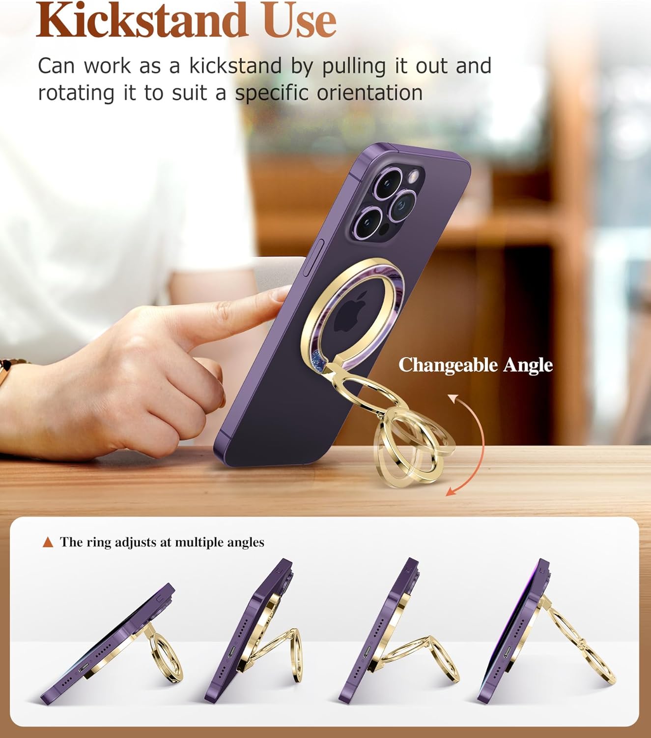 GVIEWIN Magnetic Phone Ring Holder, Compatible with MagSafe Phone Grip with Adjustable Stand, Magnet Phone Ring Kickstand for iPhone 16 Pro Max/Plus/15/14/13/12 Series/Other Phones (Quicksand)