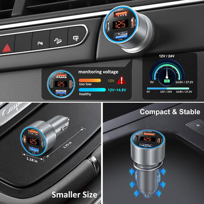 Car Charger USB C, 65W Dual 12V Cigarette Lighter USB Car Adapter with Voltage Display Multi Port PD/QC 3.0 Super Fast Charging Car Phone Charger for iPhone 16 15 14 13 12 Pro,Tablet,Android(Gray)