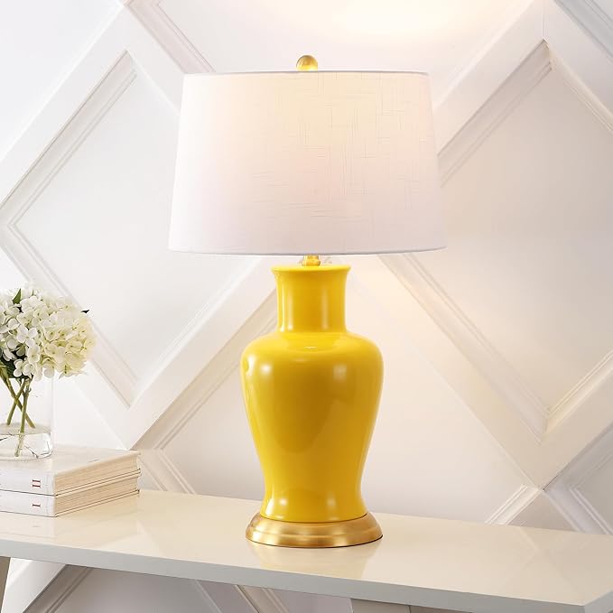 JONATHAN Y 29" Yellow Traditional Ceramic Urn LED Table Lamp for Bedroom Decor, White Linen Drum Shade, Classic Nightstand Lamp for Living Room, LED Bulb Included (JYL4026H)