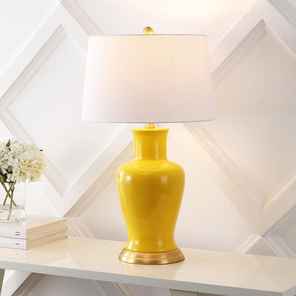 JONATHAN Y 29" Yellow Traditional Ceramic Urn LED Table Lamp for Bedroom Decor, White Linen Drum Shade, Classic Nightstand Lamp for Living Room, LED Bulb Included (JYL4026H)