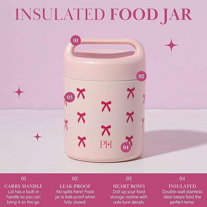 Paris Hilton Stainless Steel Food Jar, Double Wall Vacuum Sealed Insulated Food Storage Container with Carry Handle Lid, 12-Ounce, Pink with Bow Design