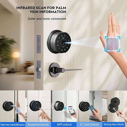 Keyless Entry Door Lock,Keypad with Code & Palm Vein Recognition Smart Deadbolt,Smart Front Electronic Deadbolt,Bluetooth Digital biometric Door Lock,Waterproof Auto Lock (K10 Double Black)