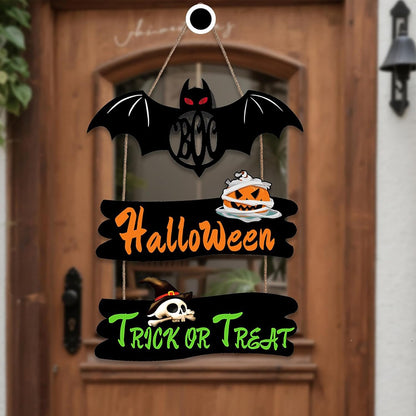 Halloween Door Hanging Sign Decoration 3 Pieces Wooden Plaques Wall Art with Bat Pumpkin Skull Pattern Trick or Treat Wooden Plaques for Yard Front Door Home Outdoor Hanger