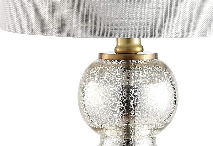 JONATHAN Y 21" Mercury Glass/Brass Gold Glass Table Lamp for Bedroom and Living Room, White Linen Shade, Modern Stacked Sphere Bedside Lamp, LED Bulb Included (JYL1021C)
