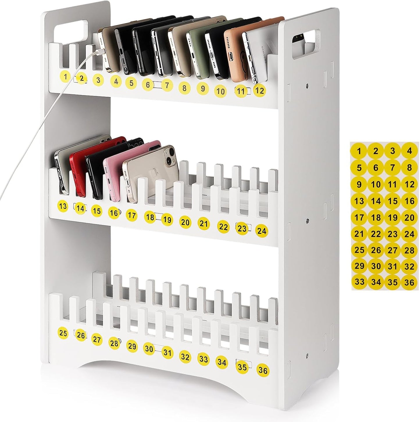 Cell Phone Holder Classroom Cell Phone Storage 3-Tier Multiple Cell Phone Stand Rack with 1-36 Number Stickers PVC Board Mobile Phone Holder Desktop Organizer for Classroom Office