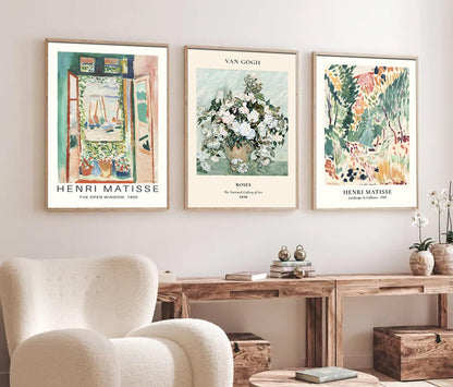 Sage Green Matisse Wall Art Posters Set of 3 Vintage Vin Gogh Flower Market Painting Decor Retro Open Window Canvas Prints Abstract Aesthetic Artwork Picture for Living Room Bedroom 12x16in Unframed