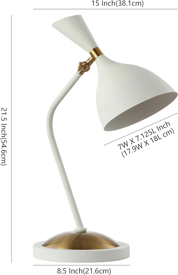 JONATHAN Y 21.5" White/Brass Gold Retro Mid-Century LED Table Lamp for Home Office, Adjustable Task Light with Black Iron Shade, Bedside Nightstand Lamp, LED Bulb Included (JYL9065B)
