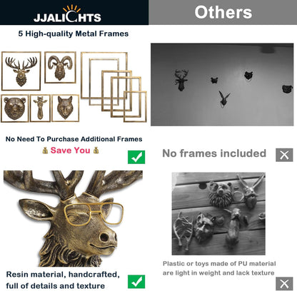 JJALIGHTS Animal Heads Wall Decor Resin Animals Sculptures Head Wall Hanging Decoration Imitation Copper vintage Wall Sculpture for Living Room Bedroom Office(5pcs,Includes Metal Frame)