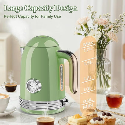 Electric Kettle - 1.7L Hot Tea Water Boiler with Thermometer, 1500W Fast Heating Stainless Steel Pot, Cordless LED Indicator, Auto Shut-Off & Boil Dry Protection, Retro Green