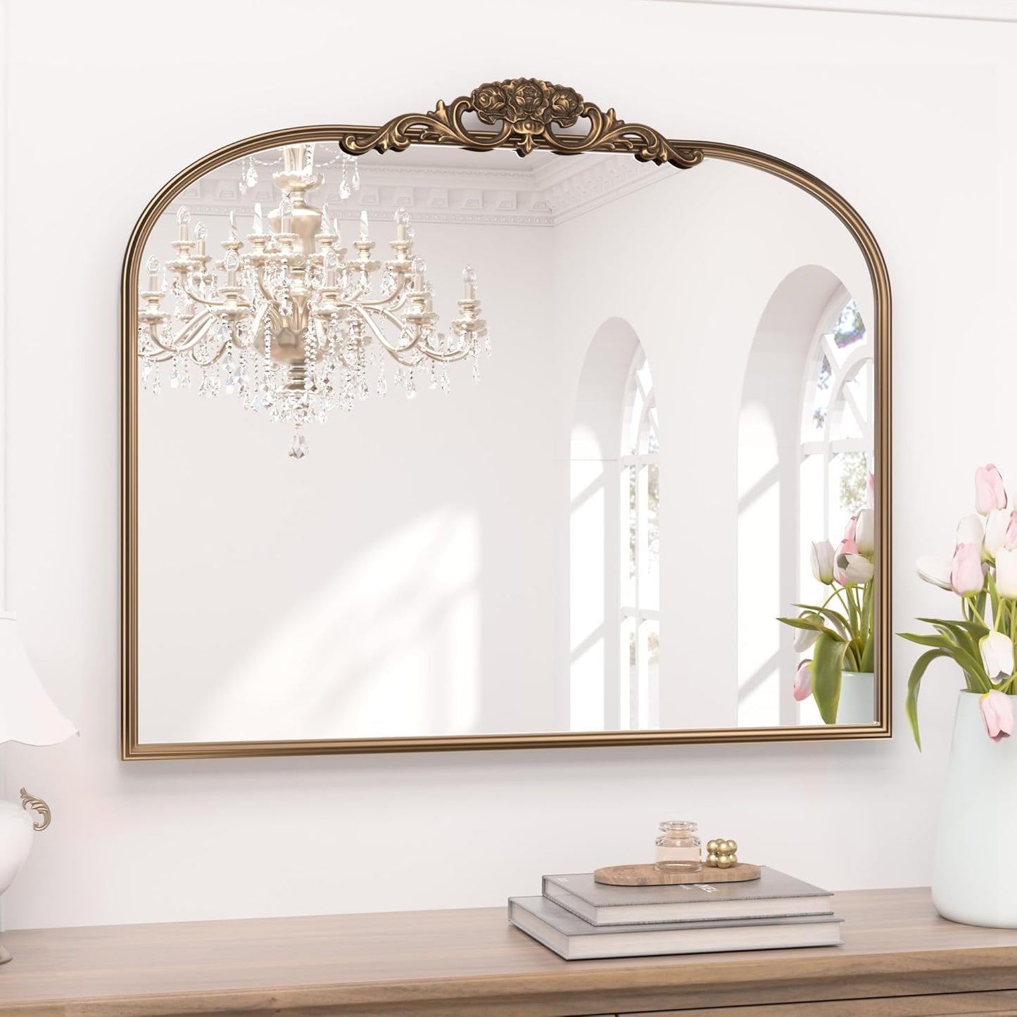 Keonjinn Gold Vintage Mirror for Wall, 36" x 30" Antique Arched Mirrors with Metal Frame, Baroque Style Decoration for Mantle, Bathroom, Living Room, Fireplace, Bedroom, French Cleat Mounting