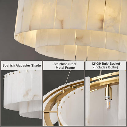Alabaster Round Chandelier, D31in Modern Dining Room Chandeliers, Marble Pendant Lights Kitchen Island, Drum Chandelier for Dining Room Light Fixture, Living Room, Bedroom Lights, Foyer, Kitchen