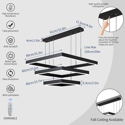 Modern LED Square Chandelier, 3 Ring Dimmable for Living, Dining, Bedroom & Foyer - High Ceiling Hanging LED Pendant Light Fixture (Black)