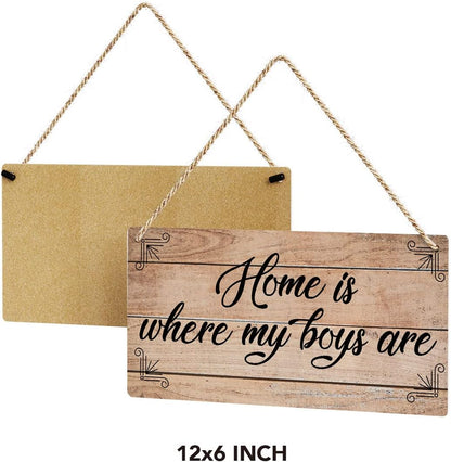 SENJIAN Rustic Family Quote Wood Decor Sign, Home is Where My Boys are Printed Wood Sign Wall Art, Hanging Door Sign, Decorative Wood Sign Home Decor 6" x 12"