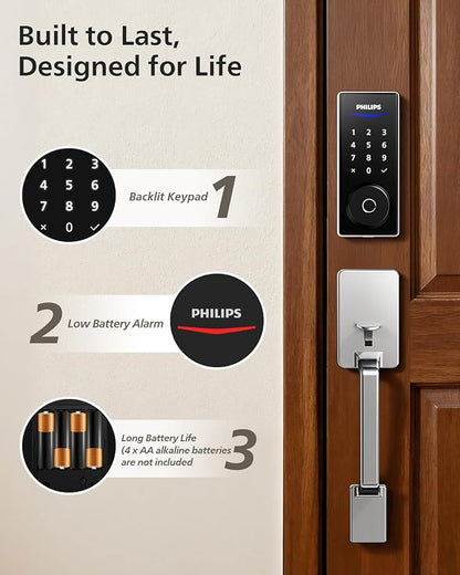Philips Wi-Fi Smart Lock with Handle, Keyless Entry Keypad Door Lock with Handle, Front Door Deadbolt Set with Gateway, App Control, Fingerprint Unlock, PIN Code Unlock, Auto Locking, Touchscreen