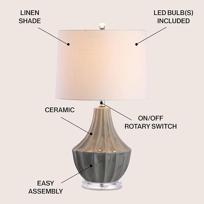 JONATHAN Y 24.5" Gray Ceramic Table Lamp for Bedroom, Modern Bedside Desk Lamp, White Linen Drum Shade, Fluted Gourd for Living Room, LED Bulb Included (JYL8018B)