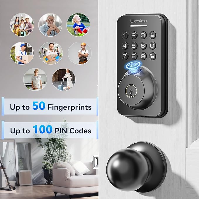 Fingerprint Keypad Deadbolt with Handle Set, Keyless Entry Door Lock, Door Locks for Front Door Lock Set, App Control, Auto Locking, Easy to Install, Matte Black
