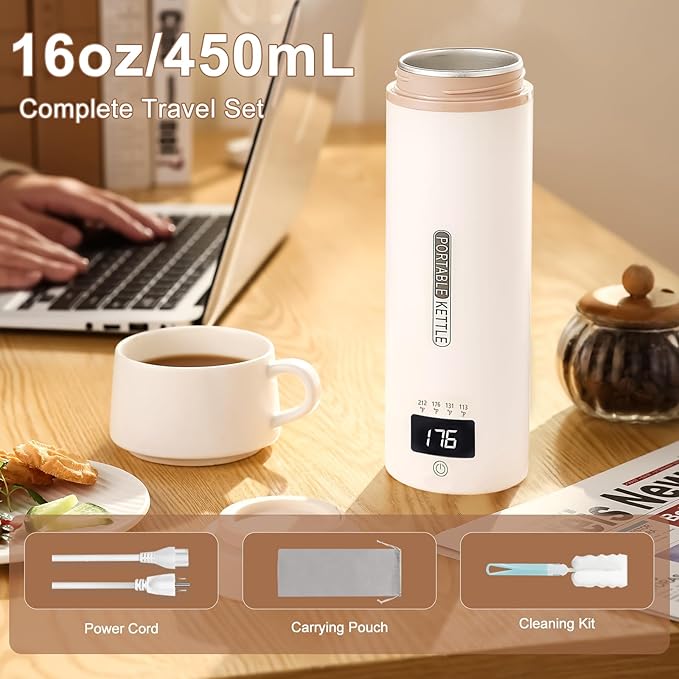 Travel Kettle Mini Portable Electric Kettle with 4 Temperature Settings, Plug in 304 Stainless Steel Mini Travel Electric Kettle with Auto Shut-off (Beige)