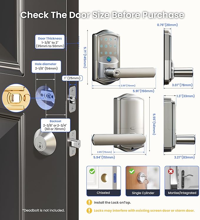 Veise VE029 WiFi Smart Lever Lock, Fingerprint Keyless Entry Door Lock with Handle, Built-in WiFi, Remote App Control, Electronic Digital Knob for Front Door and Bedroom, IP65 Waterproof, Satin Nickel