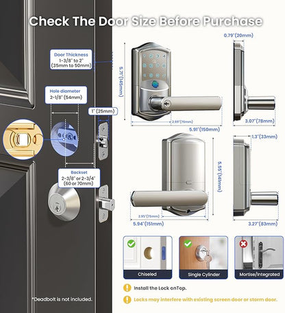 Veise VE029 WiFi Smart Lever Lock, Fingerprint Keyless Entry Door Lock with Handle, Built-in WiFi, Remote App Control, Electronic Digital Knob for Front Door and Bedroom, IP65 Waterproof, Satin Nickel