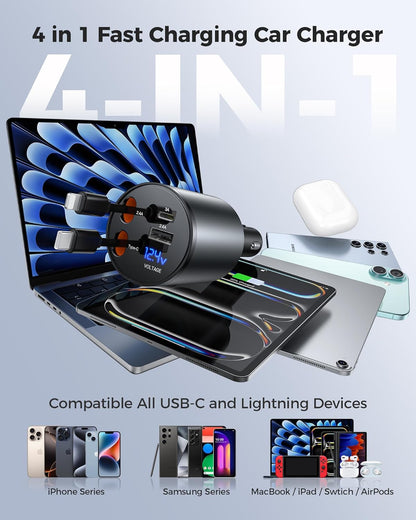 Retractable Car Charger, [2025 New] 4 in 1 Fast Car Phone Charger with Retractable Type C & L Cords, 120W USB Car Charging Adapter for iPhone 16 Pro Max 15 14 13 12, Samsung Galaxy, Pixel