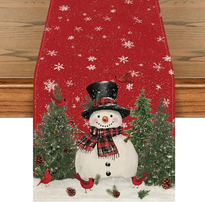 Artoid Mode Snowman Christmas Birds Trees Table Runner, Seasonal Winter Xmas Holiday Kitchen Dining Table Decoration for Indoor Outdoor Home Party Decor 13 x 36 Inch