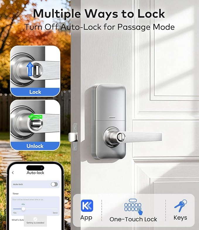 TEEHO TE019 Smart Keyless Entry Door Lock with Handle, App Control, Digital Electronic Keypad, Remote One-Time Code Sharing, Auto Lock & Passage Mode, for Bedroom & Rental, Satin Nickel
