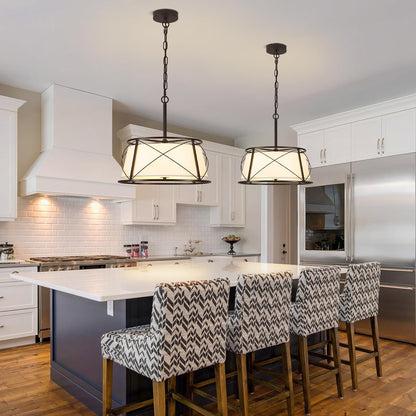 15.7" Black Drum Chandelier,3-Light Modern Farmhouse Chandelier,White Fabric Drum Shade Pendant Light Fixture for Dining Room Kitchen Island Bedroom Entryway