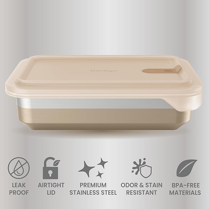 Bentgo MicroSteel Heat & Eat Container – Microwave-Safe, Leak-Proof & Airtight, Easy-to-Clean Lightweight Stainless Steel Reusable Food Storage with Silicone Lid (Dinner Size; 5.5-Cup Capacity; Gold)