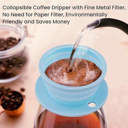 Travel Kettle Electric Foldable, Portable Electric Kettle, Collapsible Kettle Silicone + Paperless Collapsible Coffee Dripper, Travel Pour Over Coffee Maker 1 Cup (Blue)