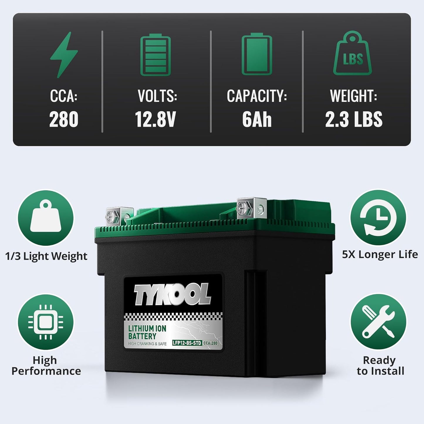 TYKOOL YTX12-BS STD LiFePO4 Lithium Motorcycle Battery,280CCA,2X Cranking Amps,Digital Readout,Compitable for BMW F850GS,Kawasaki Vulcan 900, BRP (Can-AM) DS250 ATV,Piaggio Vespa 300cc Scooter