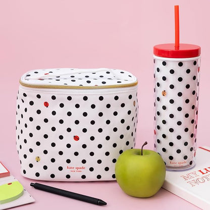 kate spade new york Insulated Lunch Tote, Small Lunch Cooler, Cute Lunch Bag for Women, Thermal Bag with Double Zipper Close and Carrying Handle, Ladybug Dot