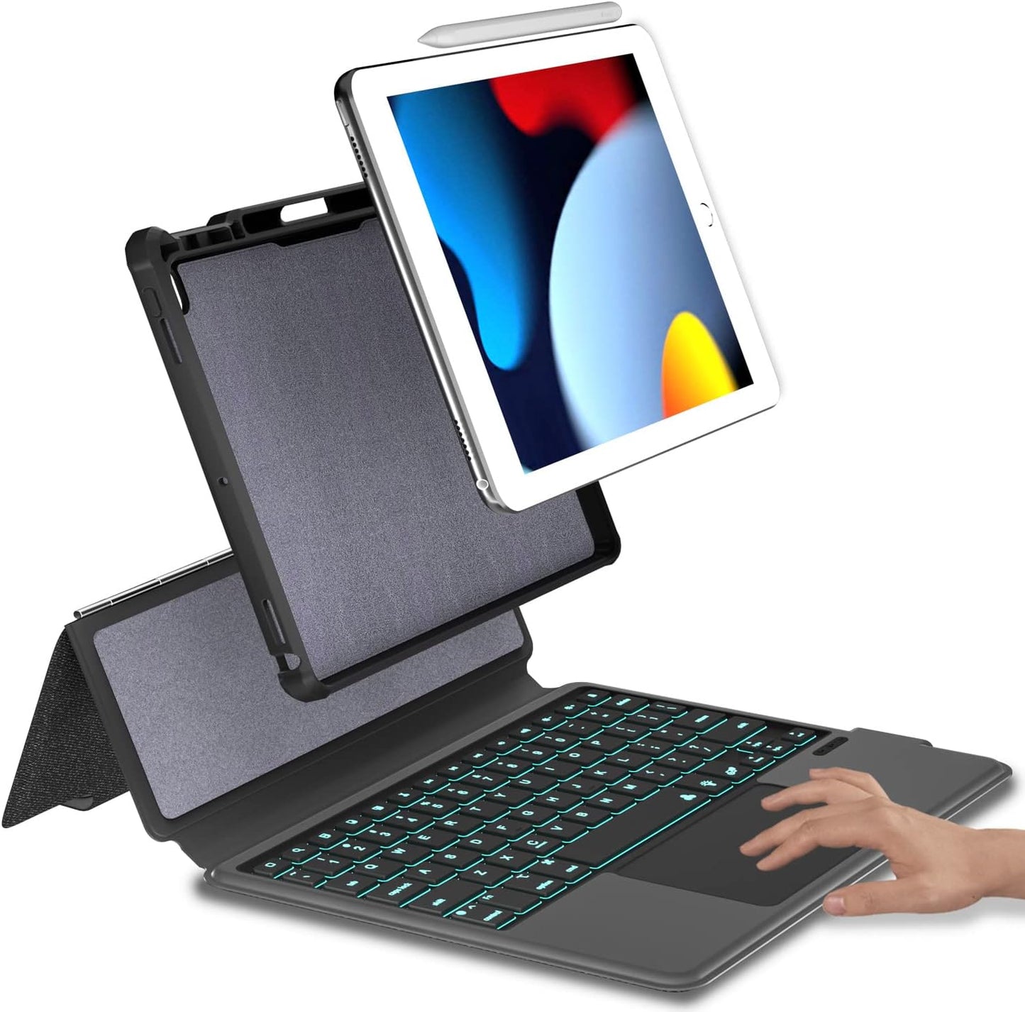 Trackpad iPad Keyboard Case for Apple iPad 10.2" 2021 9th&8th&7th Gen, Air 3,Pro 10.5-7 Color Backlight,Touchpad Detachable Slim Cover with Pencil Holder (10.2"/10.5",Black)