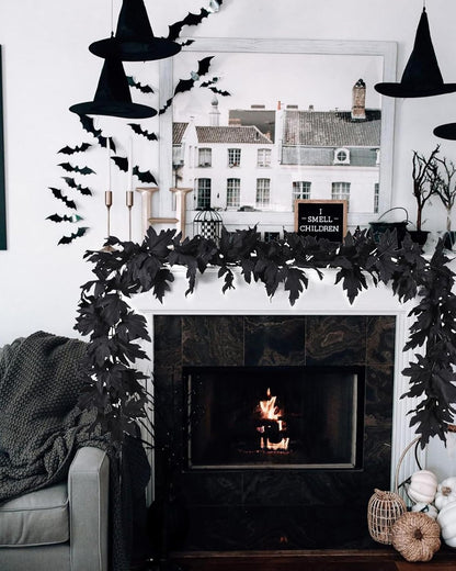 DearHouse 2 Pack Fall Maple Leaf Clearance, 5.9Ft/Piece Halloween Maple Foliage Garland Black Autumn Decor for Home Fireplace Party (Black)