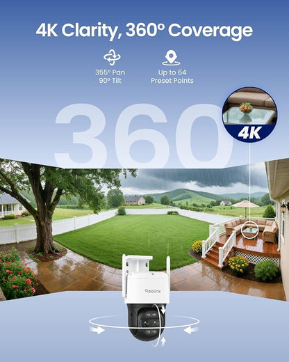 REOLINK 4K Wired WiFi Outdoor Security Camera, 8MP Dual Lens, 360 PTZ Camera, Auto Tracking, 2.4/5GHz Wi-Fi Smart Person/Vehicle/Animal Detection, 6X Hybrid Zoom, Color Night Vision, TrackMix WiFi
