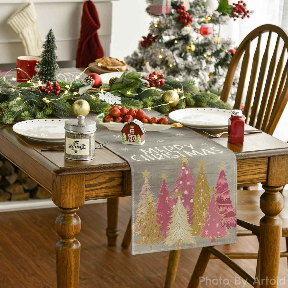 Artoid Mode Xmas Trees Snowflakes Gray Pink Merry Christmas Table Runner, Winter Seasonal Kitchen Dining Table Decoration for Home Party Decor 13x72 Inch