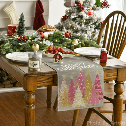Artoid Mode Xmas Trees Snowflakes Gray Pink Merry Christmas Table Runner, Winter Seasonal Kitchen Dining Table Decoration for Home Party Decor 13x72 Inch