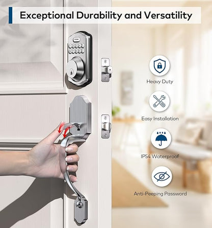 TEEHO TK001H Keyless Entry Door Lock with Handle Set, Electronic Deadbolt Keypad Door Lock with Code, Smart Locks for Front Door, Exterior Door Handle, Auto-Lock, Easy to Install, Satin Nickel