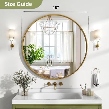 48 Inch Round Bathroom Mirror - Wall Mounted Circle Mirror with Metal Frame, Modern Mirror Suitable for Bathroom, Vanity, Entryway, Living Room, Wall Decor,Gold