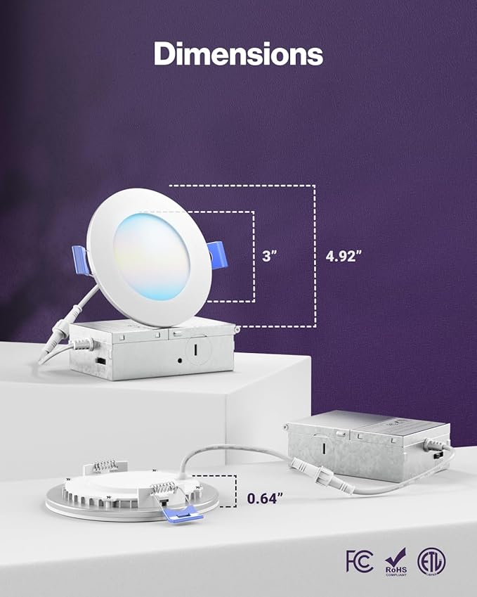 Sunco 4 Inch 6 Pack Smart Ultra Thin LED Recessed Ceiling Lights with Night Light, Tunable CCT 2700K to 5000K, Dimmable, 11W, Smooth Trim, Canless with Junction Box.