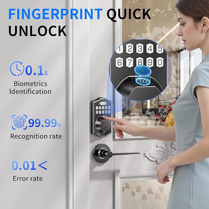 Keyless Entry Door Lock: 100 Fingerprint Capacity, 5-in-1 Smart Deadbolt with Keypad & App—12-Month Battery, Low Alert, Easy Install for Front Door