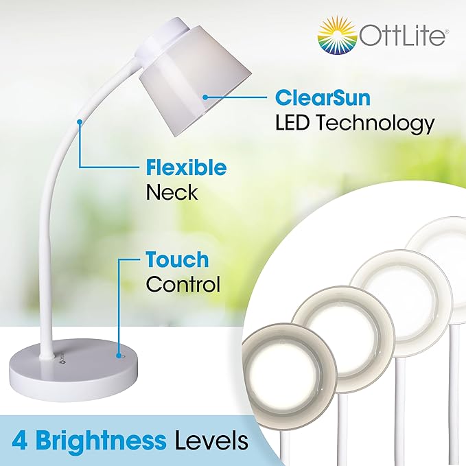 OttLite Clarify LED Desk Lamp with 4 Brightness Settings – Touch Activated Controls, Modern White Design, ClearSun LED Lighting, Flexible Neck, for Work, Study, Reading, Crafting